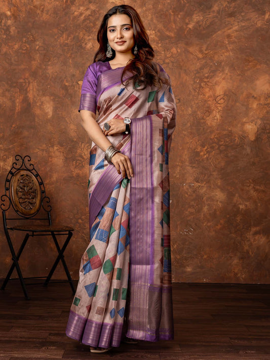 Cream Beige Sungudi Silk Blend Printed Saree