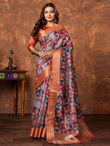 Grey Grey Sungudi Silk Blend Printed Saree