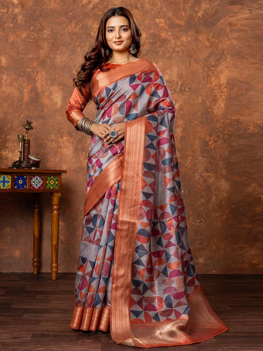 Grey Grey Sungudi Silk Blend Printed Saree