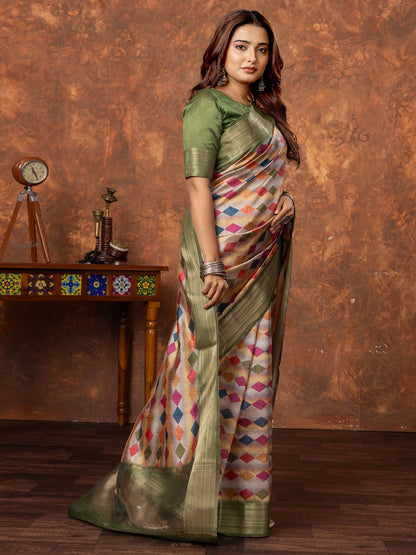 Beige Sungudi Silk Blend Printed Saree