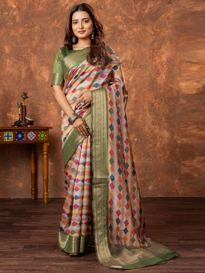 Grey Beige Sungudi Silk Blend Printed Saree