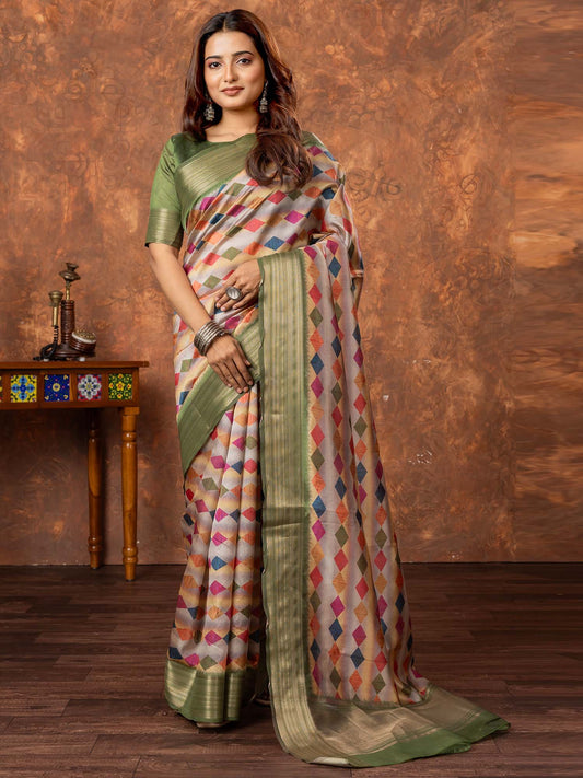 Grey Beige Sungudi Silk Blend Printed Saree
