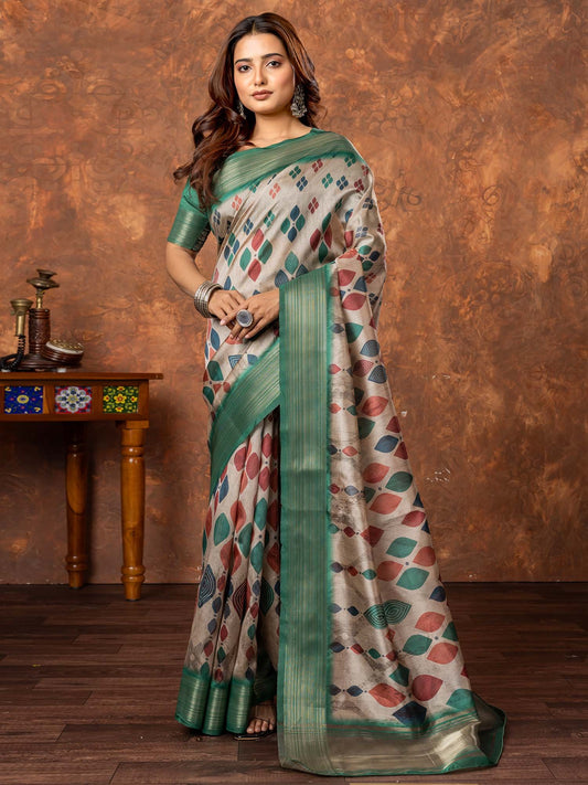 Grey Beige Sungudi Silk Blend Printed Saree