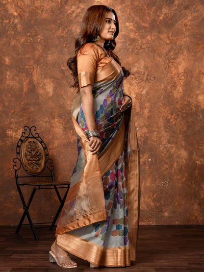 Grey Sungudi Silk Blend Printed Saree