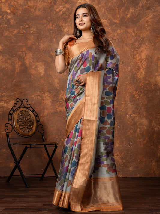 Grey Grey Sungudi Silk Blend Printed Saree