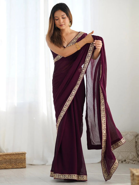 Purple Magenta Party Wear Satin Silk Embellished Saree