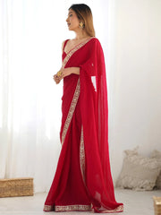 Red Party Wear Satin Silk Embellished Saree