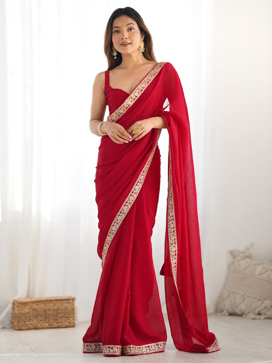Red Red Party Wear Satin Silk Embellished Saree