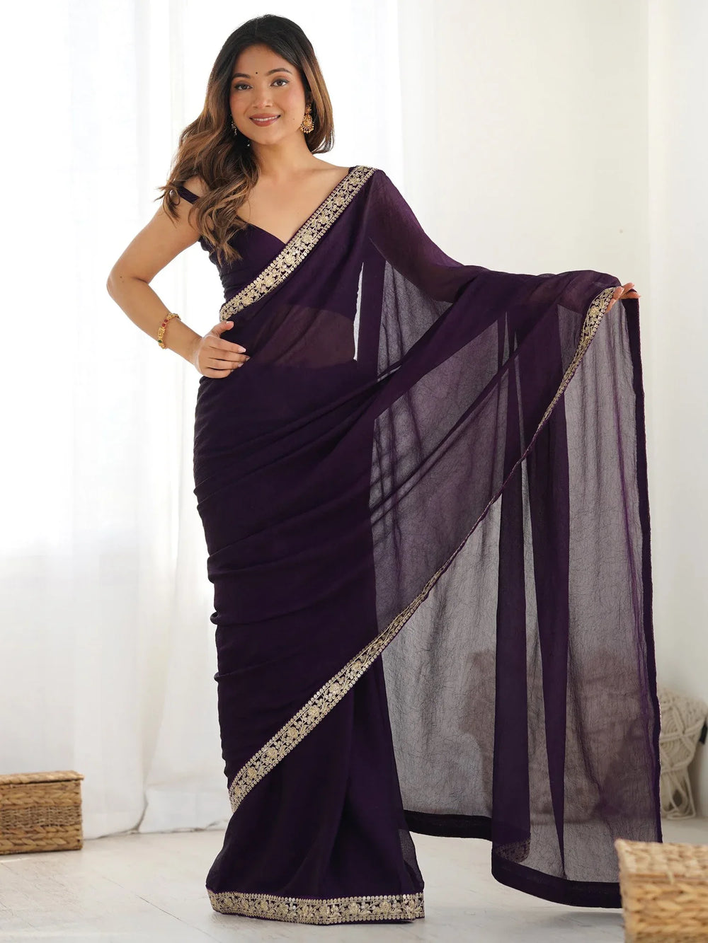 Purple Party Wear Satin Silk Embellished Saree - The Dori Store