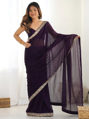 Purple Party Wear Satin Silk Embellished Saree - The Dori Store