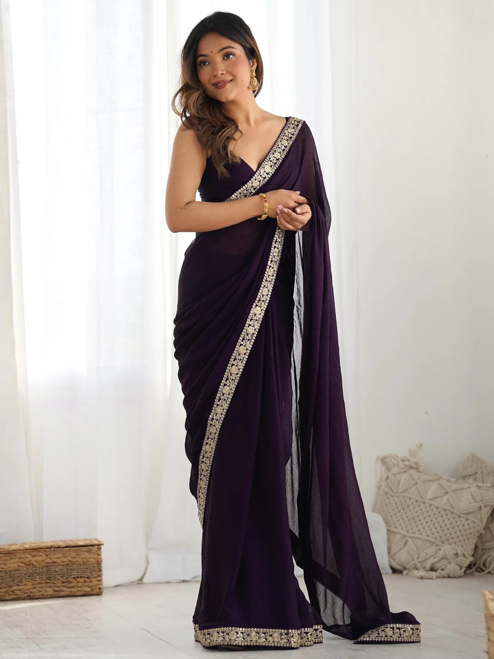 Purple Party Wear Satin Silk Embellished Saree - The Dori Store