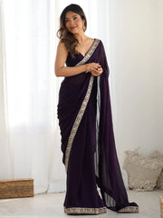 Purple Party Wear Satin Silk Embellished Saree - The Dori Store