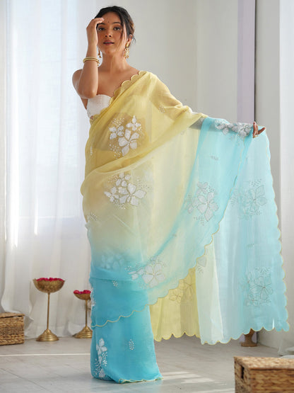 Yellow Party Wear Chiffon Embellished Saree