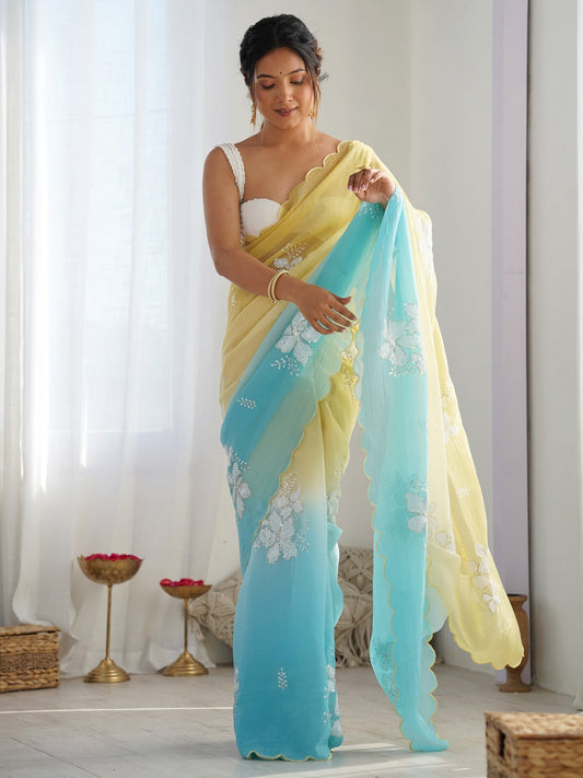 Yellow Yellow Party Wear Chiffon Embellished Saree