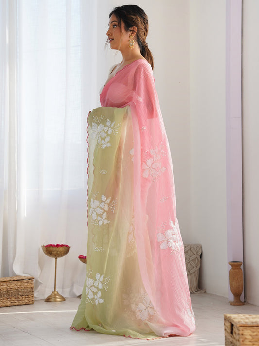 Pink Party Wear Chiffon Embellished Saree