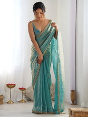 Blue Light Party Wear Paper Silk Embellished Saree