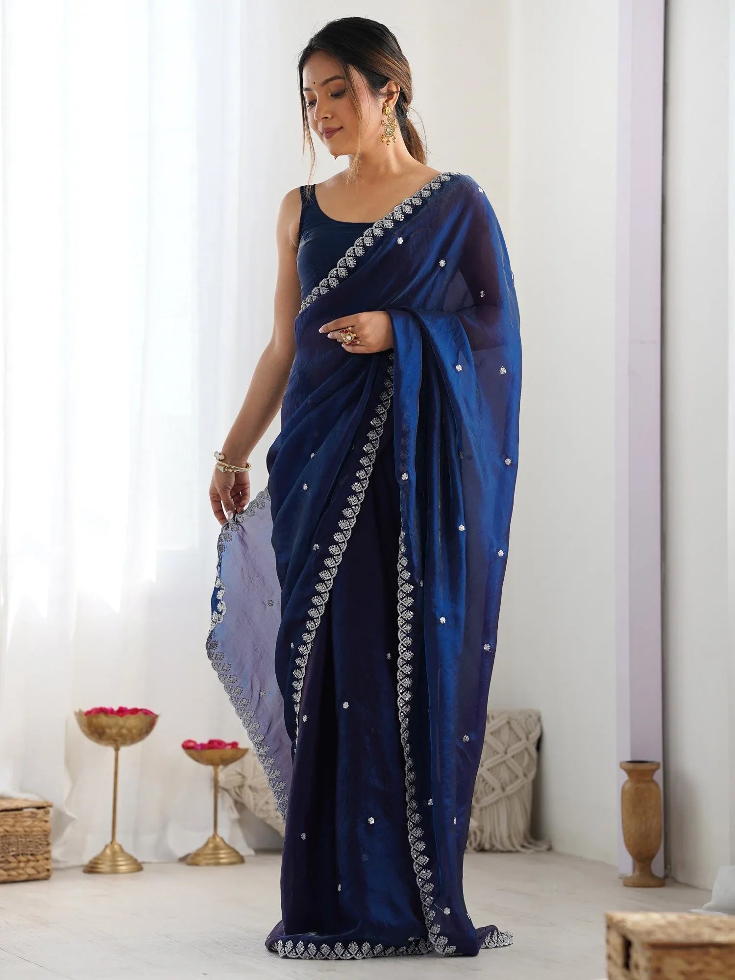 Navy Party Wear Paper Silk Embellished Saree - The Dori Store