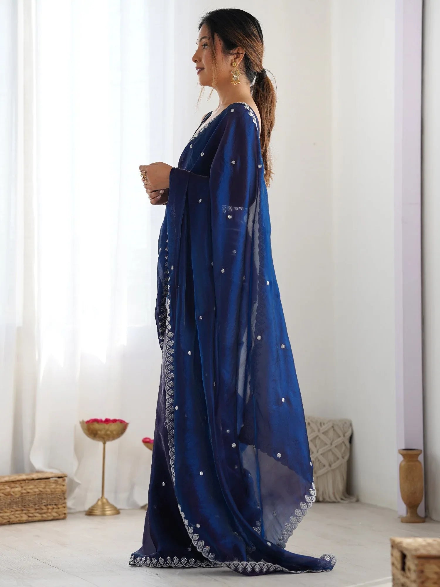Navy Party Wear Paper Silk Embellished Saree - The Dori Store