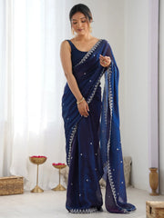 Navy Party Wear Paper Silk Embellished Saree - The Dori Store