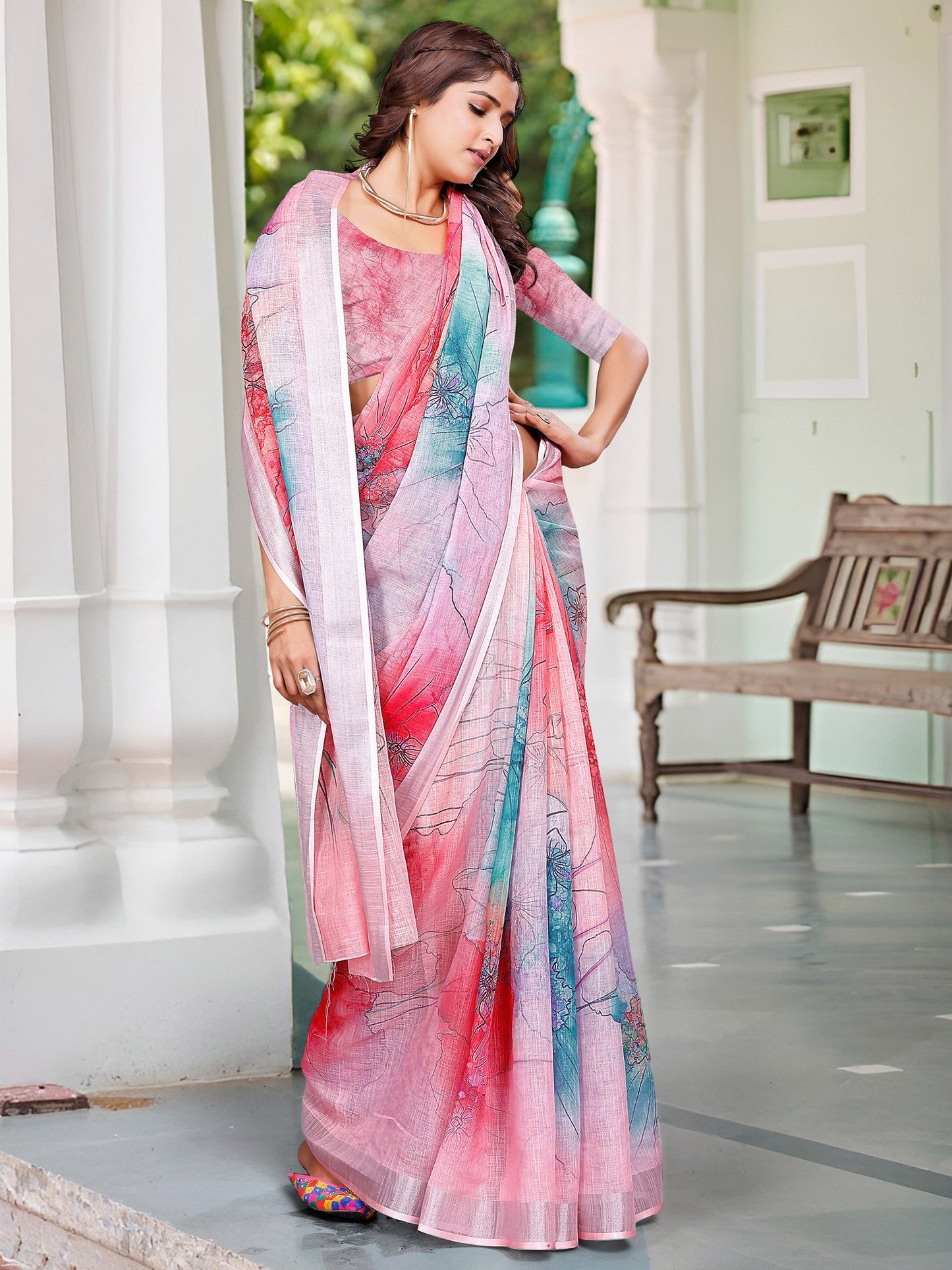 Pink Block Print Cotton Linen Digital Print Saree