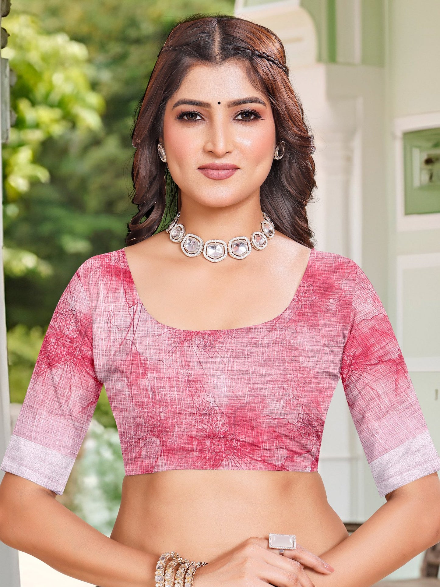 Pink Block Print Cotton Linen Digital Print Saree