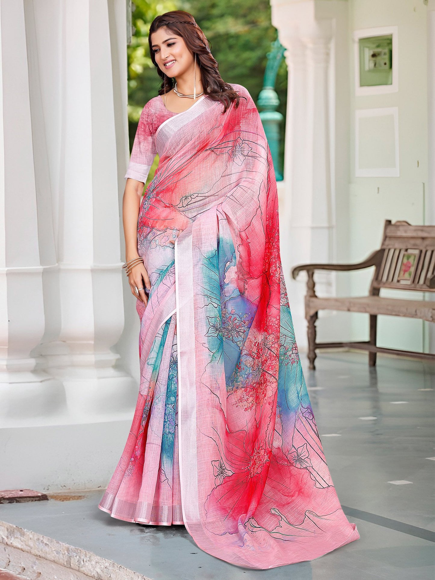 Pink Pink Block Print Cotton Linen Digital Print Saree