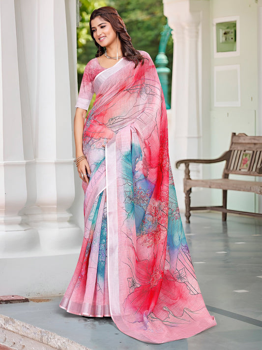 Pink Pink Block Print Cotton Linen Digital Print Saree