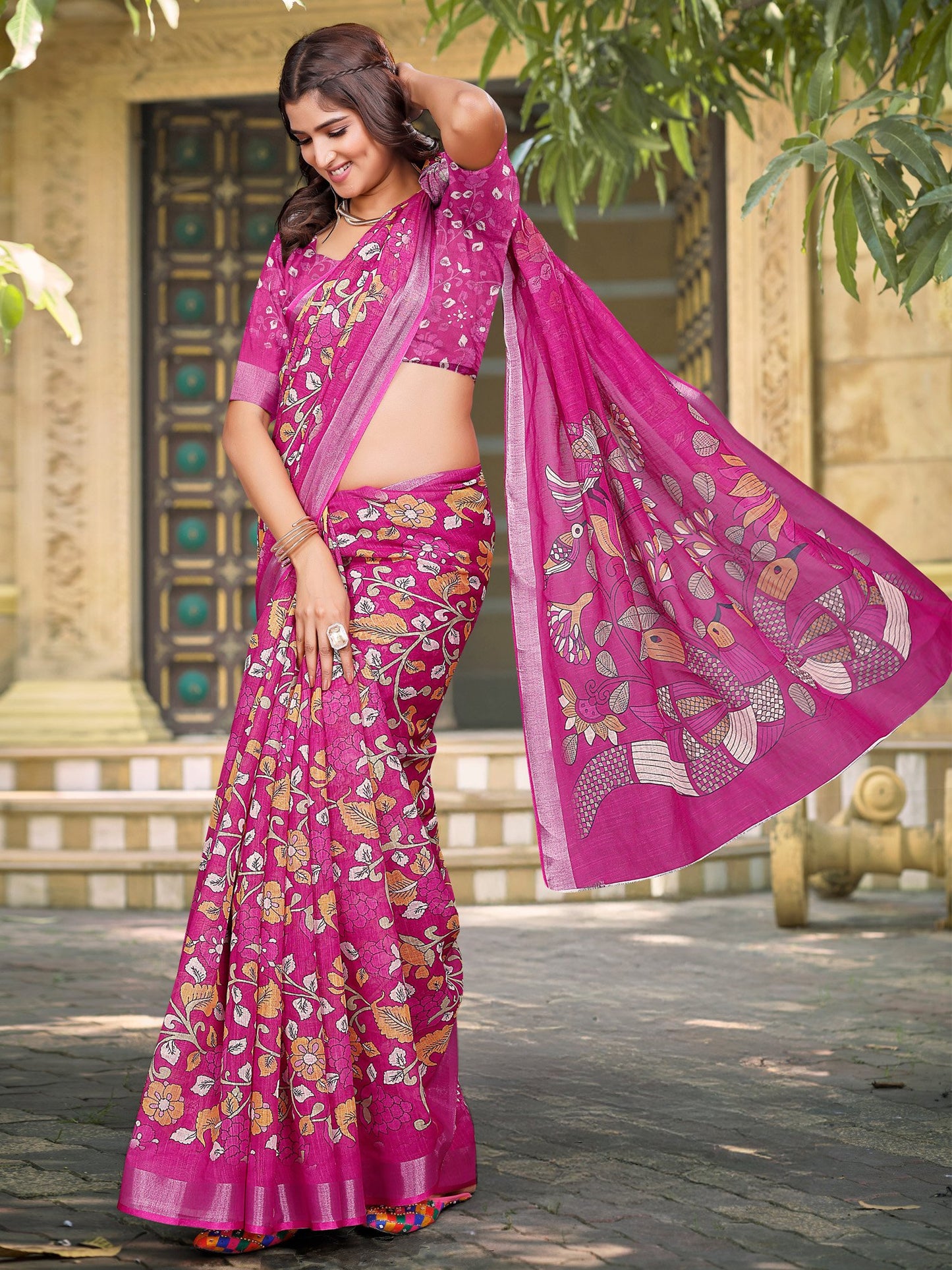 Pink Sungudi Cotton Linen Digital Print Saree