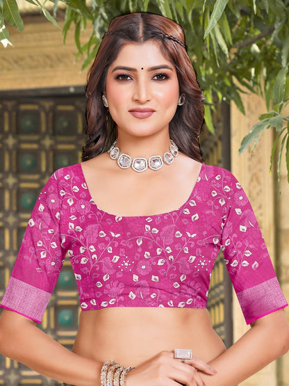 Pink Sungudi Cotton Linen Digital Print Saree