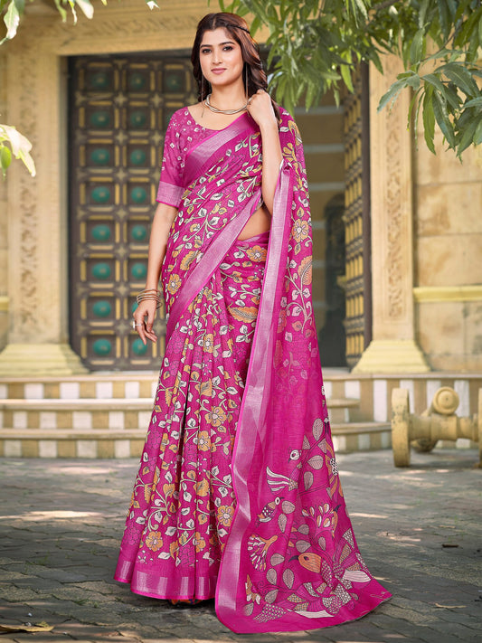 Pink Pink Sungudi Cotton Linen Digital Print Saree