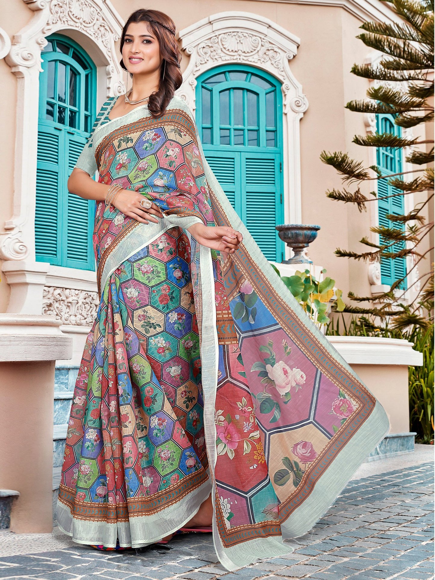 Brown Sungudi Cotton Linen Digital Print Saree