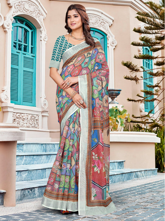 Brown Brown Sungudi Cotton Linen Digital Print Saree