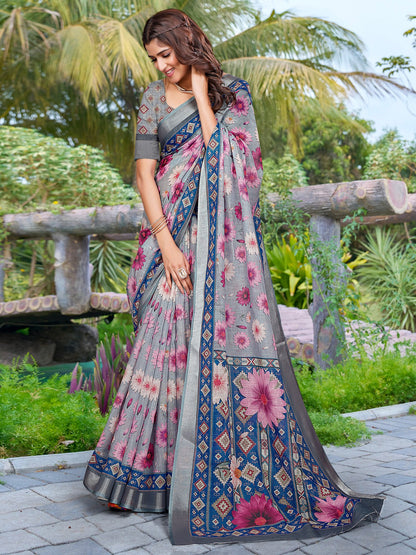 Grey Sungudi Cotton Linen Digital Print Saree