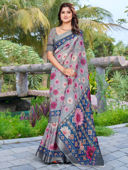 Grey Grey Sungudi Cotton Linen Digital Print Saree