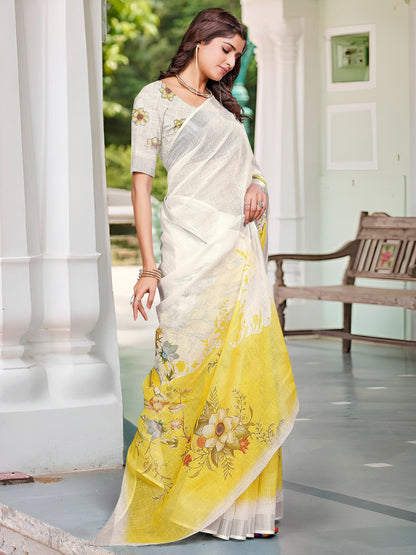 Off Sungudi Cotton Linen Digital Print Saree
