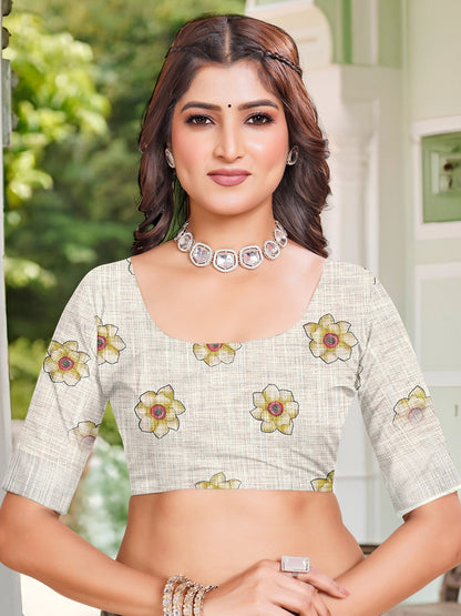 Off Sungudi Cotton Linen Digital Print Saree