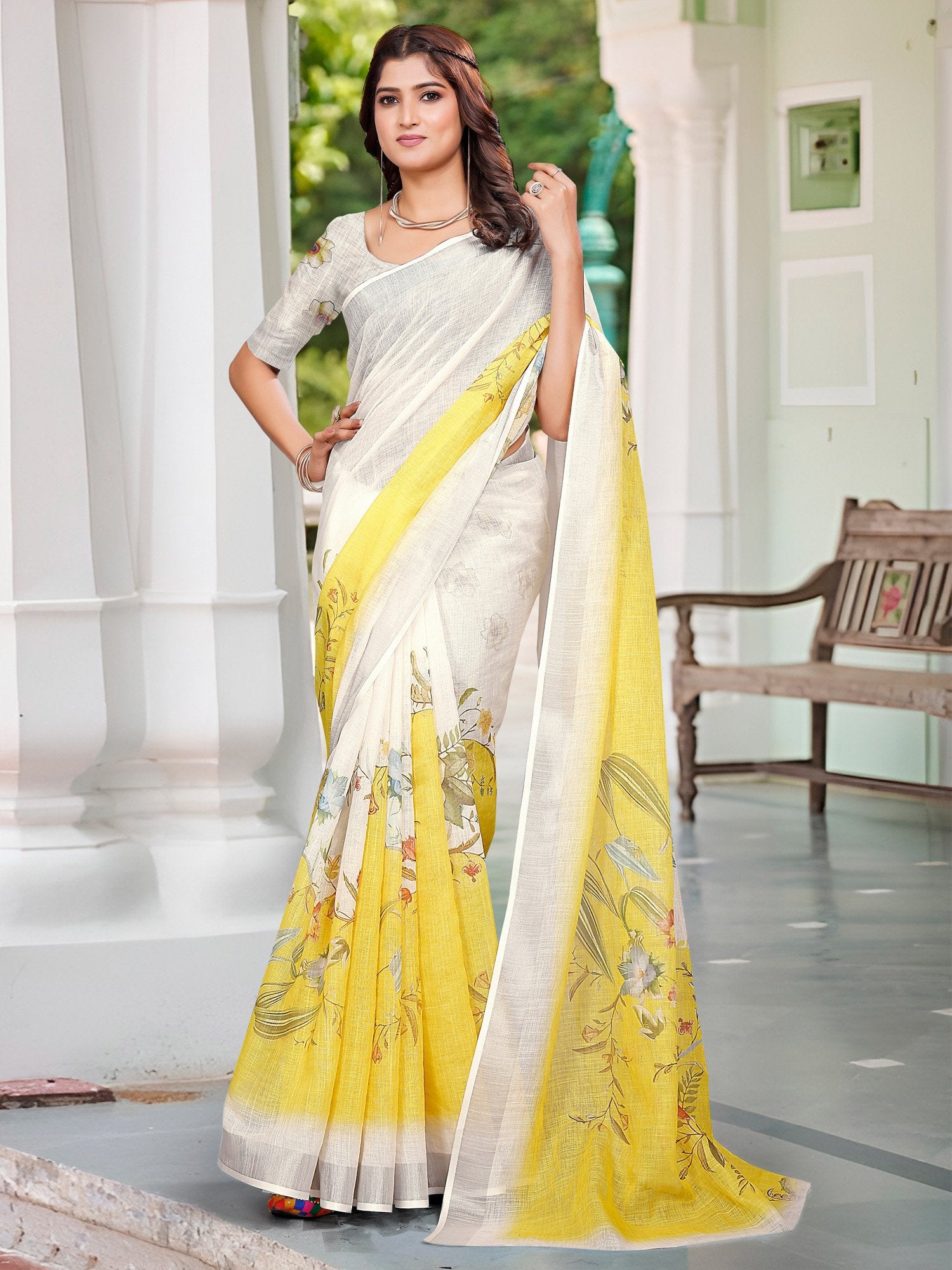 White Off Sungudi Cotton Linen Digital Print Saree