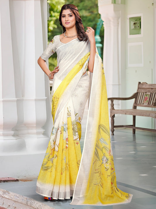 White Off Sungudi Cotton Linen Digital Print Saree