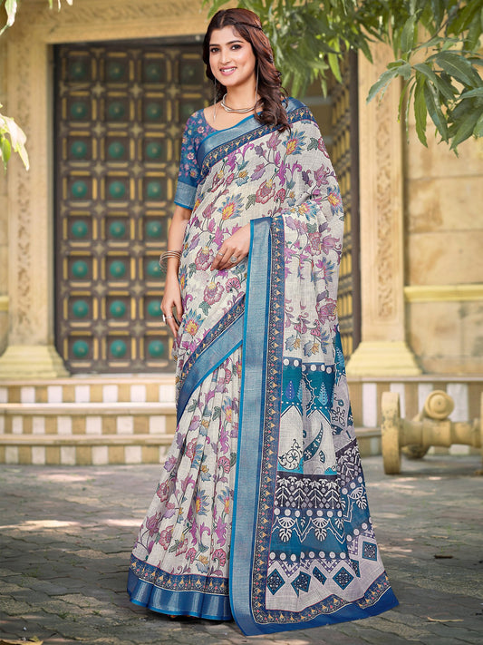 White Off Sungudi Cotton Linen Digital Print Saree