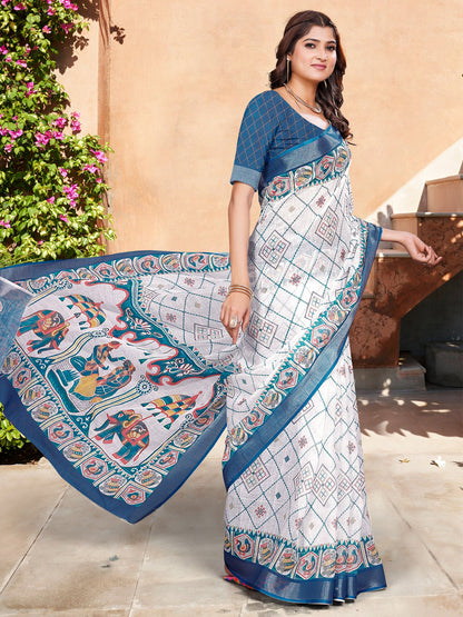 White Sungudi Cotton Linen Digital Print Saree