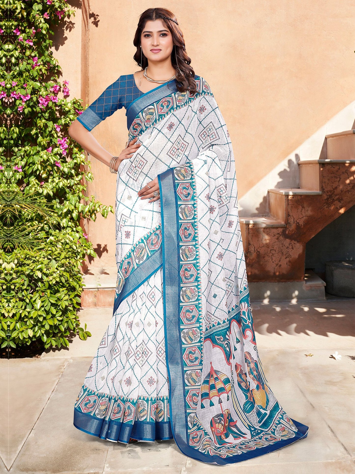 White White Sungudi Cotton Linen Digital Print Saree