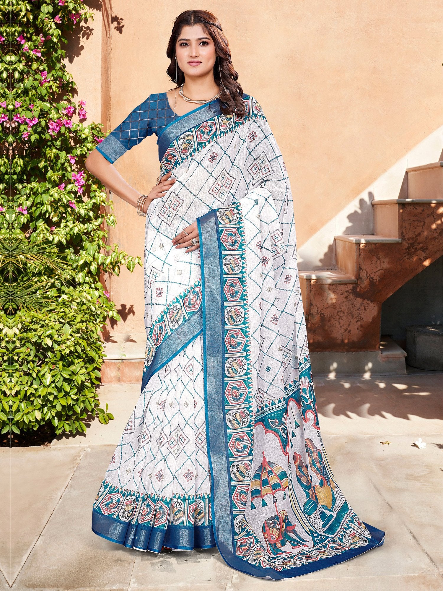 White White Sungudi Cotton Linen Digital Print Saree