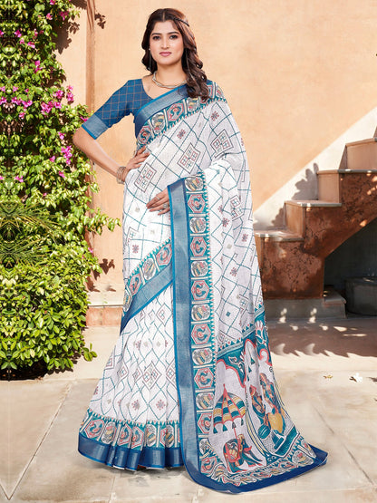 White White Sungudi Cotton Linen Digital Print Saree