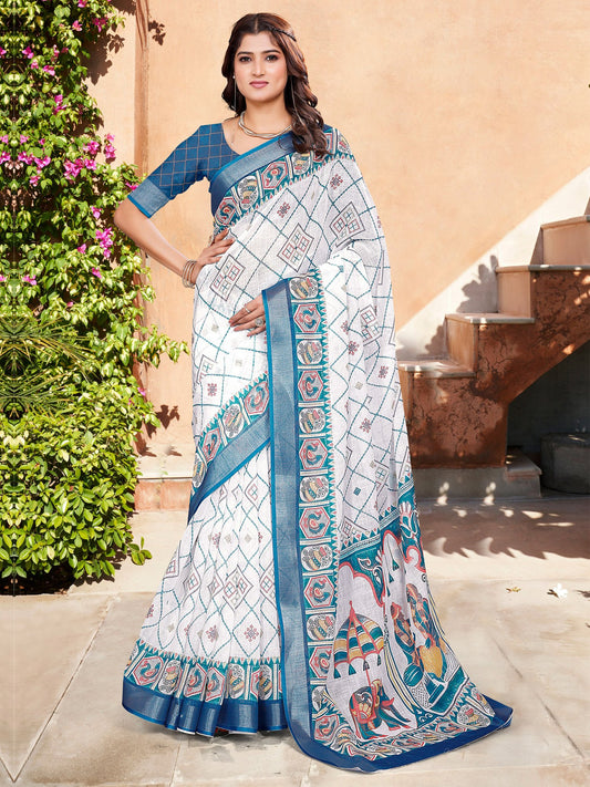 White White Sungudi Cotton Linen Digital Print Saree