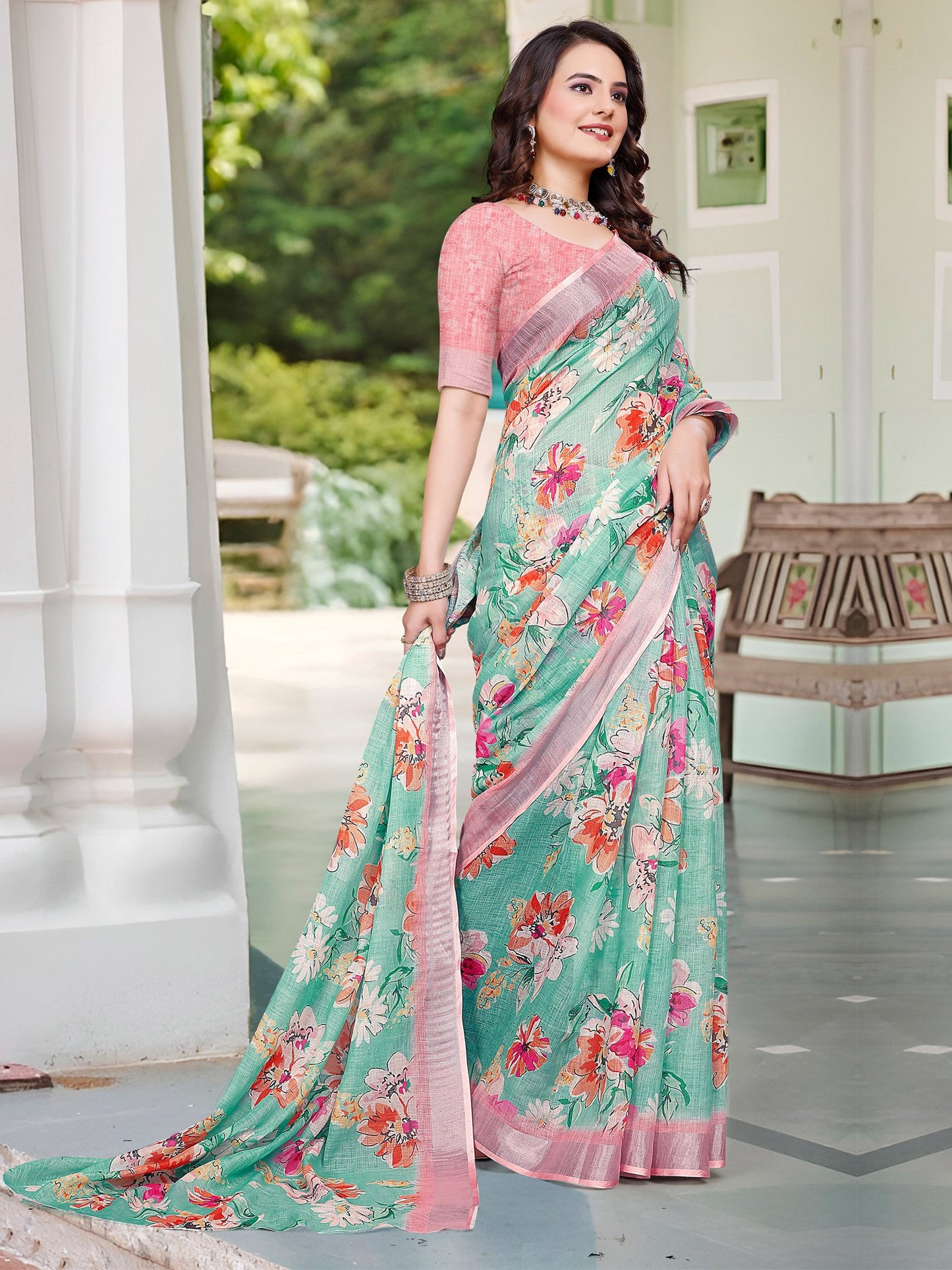 Sea Sungudi Cotton Linen Digital Print Saree