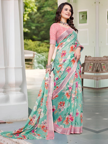Sea Sungudi Cotton Linen Digital Print Saree