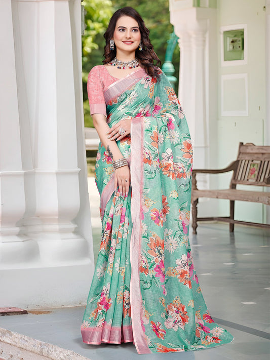 Green Sea Sungudi Cotton Linen Digital Print Saree