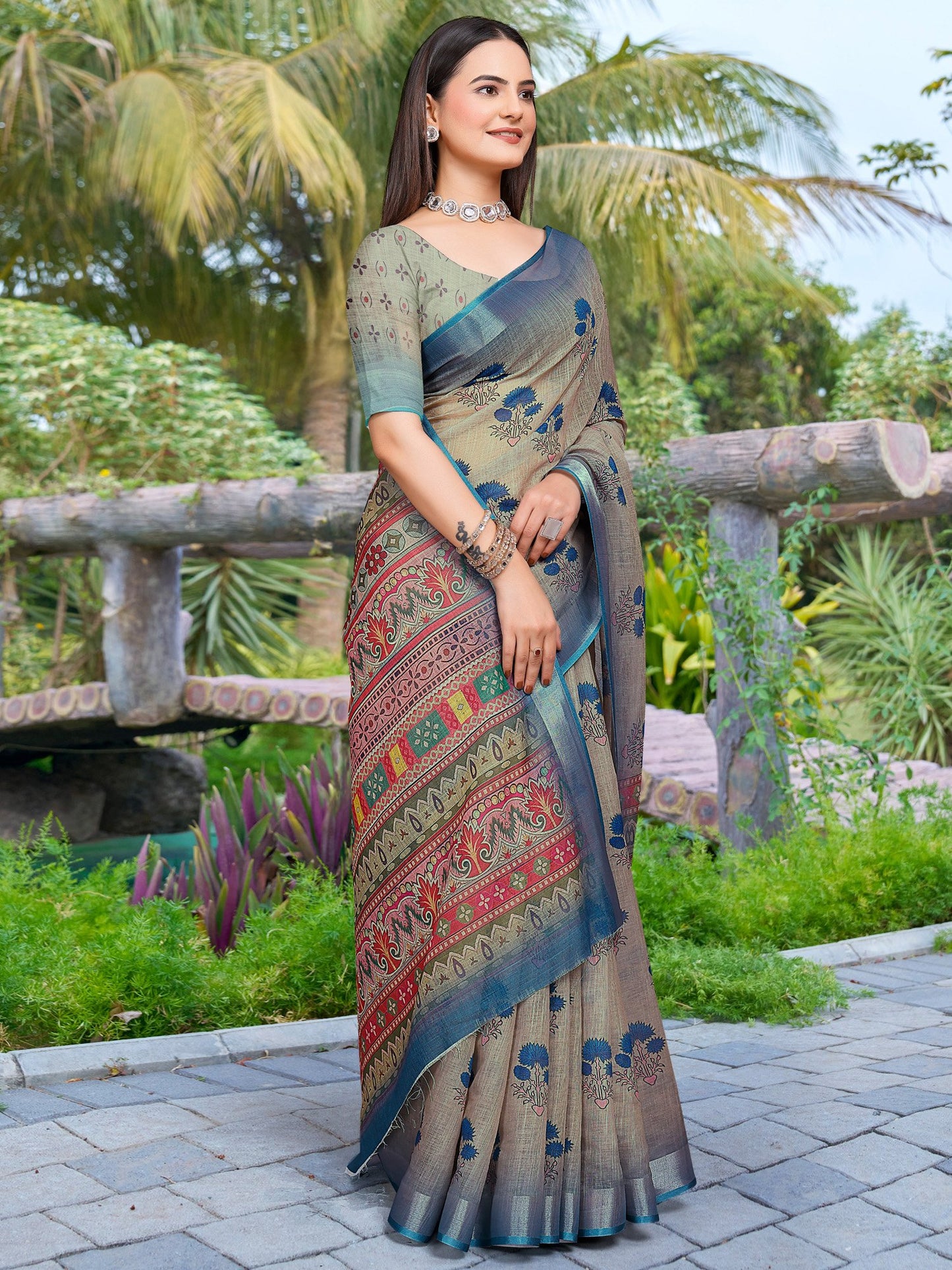 Sea Sungudi Cotton Linen Digital Print Saree