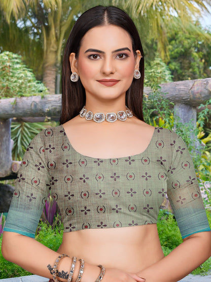 Sea Sungudi Cotton Linen Digital Print Saree
