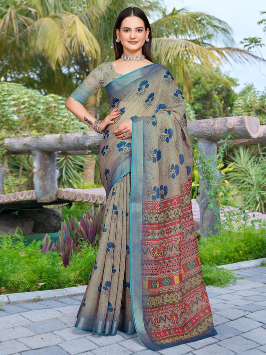 Green Sea Sungudi Cotton Linen Digital Print Saree